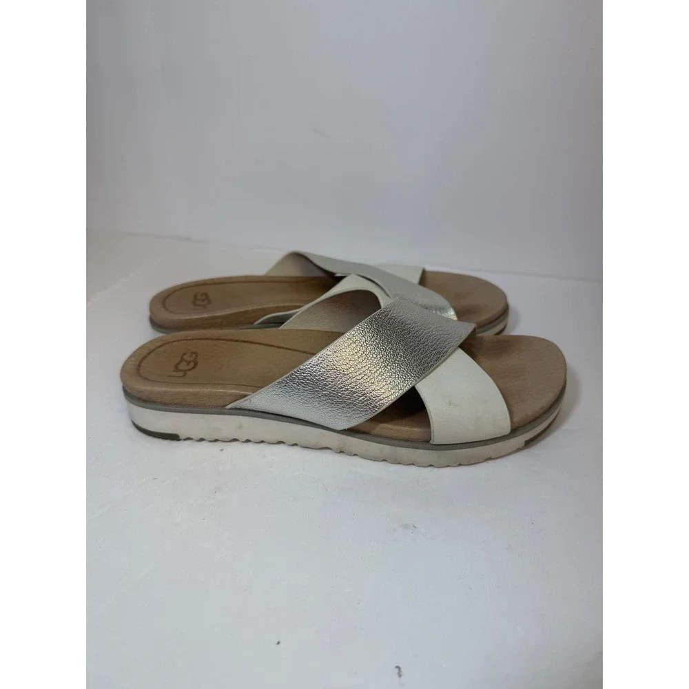 UGG Kari Metallic Silver Cream Leather Crisscross Slide Sandals 1018901 Womens 8